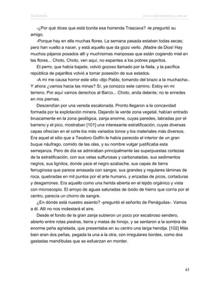 Marianela                                                 www.infotematica.com.ar

    -¿Por qué dices que está bonita esa horrenda Trascava? -le preguntó su
amigo.
    -Porque hay en ella muchas flores. La semana pasada estaban todas secas;
pero han vuelto a nacer, y está aquello que da gozo verlo. ¡Madre de Dios! Hay
muchos pájaros posados allí y muchísimas mariposas que están cogiendo miel en
las flores... Choto, Choto, ven aquí, no espantes a los pobres pajaritos.
    El perro, que había bajado, volvió gozoso llamado por la Nela, y la pacífica
república de pajarillos volvió a tomar posesión de sus estados.
    -A mí me causa horror este sitio -dijo Pablo, tomando del brazo a la muchacha-.
Y ahora ¿vamos hacia las minas? Sí, ya conozco este camino. Estoy en mi
terreno. Por aquí vamos derechos al Barco... Choto, anda delante; no te enredes
en mis piernas.
    Descendían por una vereda escalonada. Pronto llegaron a la concavidad
formada por la explotación minera. Dejando la verde zona vegetal, habían entrado
bruscamente en la zona geológica, zanja enorme, cuyas paredes, labradas por el
barreno y el pico, mostraban [101] una interesante estratificación, cuyas diversas
capas ofrecían en el corte los más variados tonos y los materiales más diversos.
Era aquel el sitio que a Teodoro Golfín le había parecido el interior de un gran
buque náufrago, comido de las olas, y su nombre vulgar justificaba esta
semejanza. Pero de día se admiraban principalmente las superpuestas cortezas
de la estratificación, con sus vetas sulfurosas y carbonatadas, sus sedimentos
negros, sus lignitos, donde yace el negro azabache, sus capas de tierra
ferruginosa que parece amasada con sangre, sus grandes y regulares láminas de
roca, quebradas en mil puntos por el arte humano, y erizadas de picos, cortaduras
y desgarrones. Era aquello como una herida abierta en el tejido orgánico y vista
con microscopio. El arroyo de aguas saturadas de óxido de hierro que corría por el
centro, parecía un chorro de sangre.
    ¿En dónde está nuestro asiento? -preguntó el señorito de Penáguilas-. Vamos
a él. Allí no nos molestará el aire.
    Desde el fondo de la gran zanja subieron un poco por escabroso sendero,
abierto entre rotas piedras, tierra y matas de hinojo, y se sentaron a la sombra de
enorme peña agrietada, que presentaba en su centro una larga hendija. [102] Más
bien eran dos peñas, pegada la una a la otra, con irregulares bordes, como dos
gastadas mandíbulas que se esfuerzan en morder.




                                                                                45
 