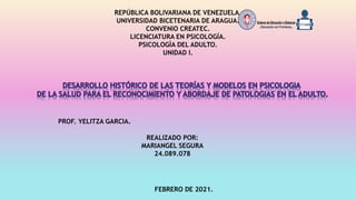 REPÚBLICA BOLIVARIANA DE VENEZUELA.
UNIVERSIDAD BICETENARIA DE ARAGUA.
CONVENIO CREATEC.
LICENCIATURA EN PSICOLOGÍA.
PSICOLOGÌA DEL ADULTO.
UNIDAD I.
PROF. YELITZA GARCIA.
REALIZADO POR:
MARIANGEL SEGURA
24.089.078
FEBRERO DE 2021.
 