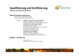Qualifizierung und Zertifizierung 
Lernen in der Praxis für die Praxis


KNR19/1 Qualifizierungsseminar
       Dozenten: Marianne Wiendl, Barbara Brugger, 
       Ziel: Das Gelernte bündeln und anwenden lernen

             Inhalte:        Wiederholen und strukturieren des bisher Gelernten 
                             Aufbau eines ausgeglichenen Sehtrainingsseminars 
                             Bewegung, Entspannung, Akkommodation, Gehirnintegration…..
                             Grundlagen Brillenrezept lesen und interpretieren
                             Was brauch ich noch, um mich sicher zu fühlen
                             Was ist meine Motivation, mein Ziel
                             Wo sind meine  Grenzen  mein Arbeitsfeld, meine Zielgruppe
                             Wo brauche ich Zusatzqualifikation um …. 
                             dazu verwenden wir Methoden aus der 
                             Kinesiologie und der Systemischen Arbeit
                             Konzeptplanung je nach Arbeitsfeld
                             (Prävention, Firmenkurs, Einzelsitzung…)
                             Akquise – wo VHS, Gesundheitszentren, Kurhotels, 
                             Grundsätzliches zur Werbung (worauf muss ich Acht geben…)

KNR19/2 Zertifizierung
                             schriftliche Prüfung 
                             Hospitation in den Grundlagenkursen mit Lehrprobe




                                                                                          Naturheilzentrum für Sehen und Gesundheit / www.mariannewiendl.de ©
 