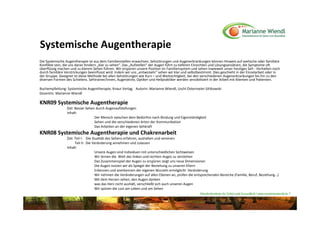 Systemische Augentherapie
Die Systemische Augentherapie ist aus dem Familienstellen erwachsen. Sehstörungen und Augenerkrankungen können Hinweis auf seelische oder familiäre 
Konflikte sein, die uns daran hindern „klar zu sehen“. Das „Aufstellen“ der Augen führt zu tieferen Einsichten und Lösungsansätzen, die Symptome oft 
überflüssig machen und zu klarem Sehen führen. Wir erspüren unsere Position im Familiensystem und sehen inwieweit unser heutiges Seh ‐ Verhalten noch 
durch familiäre Verstrickungen beeinflusst wird. Indem wir uns „entwickeln“ sehen wir klar und selbstbestimmt. Dies geschieht in der Einzelarbeit oder in 
der Gruppe. Geeignet ist diese Methode bei allen Sehstörungen wie Kurz – und Weitsichtigkeit, bei den verschiedenen Augenerkrankungen bis hin zu den 
diversen Formen des Schielens. Sehtrainer/innen, Augenärzte, Optiker und Heilpraktiker werden sensibilisiert in der Arbeit mit Klienten und Patienten. 

Buchempfehlung: Systemische Augentherapie, Knaur Verlag,   Autorin: Marianne Wiendl, Uschi Ostermeier‐Sittkowski
Dozentin: Marianne Wiendl

KNR09 Systemische Augentherapie
                 Ziel: Besser Sehen durch Augenaufstellungen
                 Inhalt: 
                                   Der Mensch zwischen dem Bedürfnis nach Bindung und Eigenständigkeit
                                   Sehen und die verschiedenen Arten der Kommunikation 
                                   Das Arbeiten an der eigenen Sehkraft
KNR08 Systemische Augentherapie und Chakrenarbeit
                 Ziel: Teil I:    Die Dualität des Sehens erfahren, aushalten und vereinen
                       Teil II:  Die Veränderung annehmen und zulassen
                 Inhalt: 
                                       Unsere Augen sind Individuen mit unterschiedlichen Sichtweisen  
                                       Wir lernen die  Welt des linken und rechten Auges zu verstehen 
                                       Das Zusammenspiel der Augen zu erspüren zeigt uns neue Dimensionen
                                       Die Augen nutzen wir als Spiegel der Beziehung zu unseren Eltern
                                       Erkennen und anerkennen der eigenen Wurzeln ermöglicht  Veränderung 
                                       Wir nehmen die Veränderungen auf allen Ebenen an, prüfen die entsprechenden Bereiche (Familie, Beruf, Beziehung…)
                                       Mit dem Herzen sehen, den Augen danken
                                       was das Herz nicht aushält, verschließt sich auch unseren Augen 
                                       Wir spüren die Lust am Leben und am Sehen
                                                                                                      Naturheilzentrum für Sehen und Gesundheit / www.mariannewiendl.de ©
 