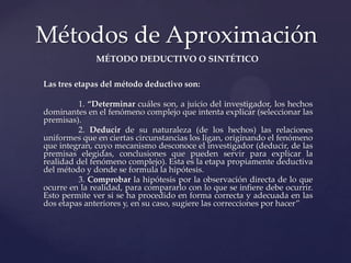 Métodos de Aproximación
MÉTODO DEDUCTIVO O SINTÉTICO
Las tres etapas del método deductivo son:
1. “Determinar cuáles son, a juicio del investigador, los hechos
dominantes en el fenómeno complejo que intenta explicar (seleccionar las
premisas).
2. Deducir de su naturaleza (de los hechos) las relaciones
uniformes que en ciertas circunstancias los ligan, originando el fenómeno
que integran, cuyo mecanismo desconoce el investigador (deducir, de las
premisas elegidas, conclusiones que pueden servir para explicar la
realidad del fenómeno complejo). Esta es la etapa propiamente deductiva
del método y donde se formula la hipótesis.
3. Comprobar la hipótesis por la observación directa de lo que
ocurre en la realidad, para compararlo con lo que se infiere debe ocurrir.
Esto permite ver si se ha procedido en forma correcta y adecuada en las
dos etapas anteriores y, en su caso, sugiere las correcciones por hacer”

 