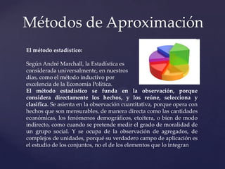 Métodos de Aproximación
El método estadístico:
Según André Marchall, la Estadística es
considerada universalmente, en nuestros
días, como el método inductivo por
excelencia de la Economía Política.
El método estadístico se funda en la observación, porque
considera directamente los hechos, y los reúne, selecciona y
clasifica. Se asienta en la observación cuantitativa, porque opera con
hechos que son mensurables, de manera directa como las cantidades
económicas, los fenómenos demográficos, etcétera, o bien de modo
indirecto, como cuando se pretende medir el grado de moralidad de
un grupo social. Y se ocupa de la observación de agregados, de
complejos de unidades, porqué su verdadero campo de aplicación es
el estudio de los conjuntos, no el de los elementos que lo integran

 