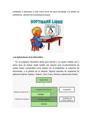 orientados y dedicados a esta nueva forma de hacer tecnología y el sentido de
pertenencia, además de la participación grupal.
Las Aplicaciones de la Informática
Es un programa informático hecho para permitir a un usuario realizar uno o
varios tipos de trabajo. Suele resultar una solución para la automatización de
ciertas tareas complicadas como pueden ser la contabilidad, la redacción de
documentos, o la gestión de un almacén. Algunos ejemplos de programas de
aplicación Internet Explorer, Outlook, Word, Excel, WinAmp, Aplicaciones Oracle.
 