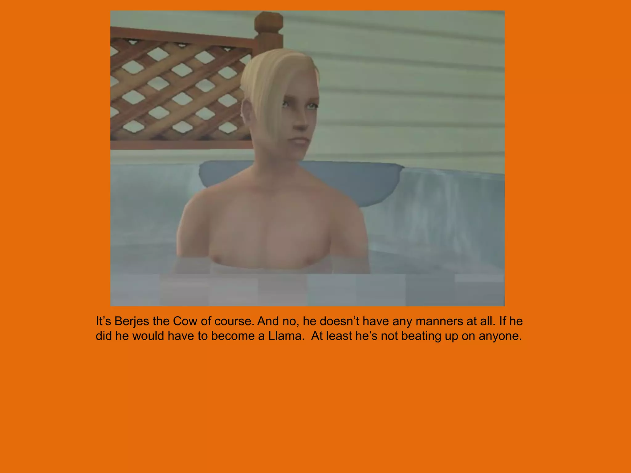 It‟s Berjes the Cow of course. And no, he doesn‟t have any manners at all. If he
did he would have to become a Llama. At least he‟s not beating up on anyone.
 