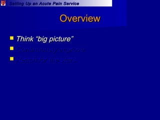 Setting Up an Acute Pain ServiceSetting Up an Acute Pain Service
OverviewOverview
 Think “big picture”Think “big picture”...