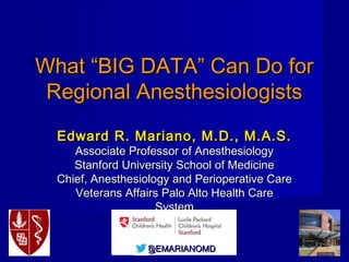 What “BIG DATA” Can Do forWhat “BIG DATA” Can Do for
Regional AnesthesiologistsRegional Anesthesiologists
Edward R. Mariano, M.D., M.A.S.Edward R. Mariano, M.D., M.A.S.
Associate Professor of AnesthesiologyAssociate Professor of Anesthesiology
Stanford University School of MedicineStanford University School of Medicine
Chief, Anesthesiology and Perioperative CareChief, Anesthesiology and Perioperative Care
Veterans Affairs Palo Alto Health CareVeterans Affairs Palo Alto Health Care
SystemSystem
@EMARIANOMD@EMARIANOMD
 