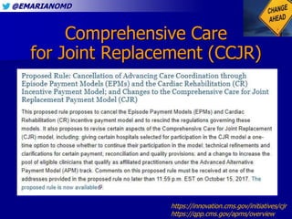 @EMARIANOMD
Comprehensive Care
for Joint Replacement (CCJR)
https://innovation.cms.gov/initiatives/cjr
https://qpp.cms.gov...