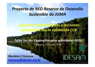 Proyecto de RED Reserva de Desarollo
           Sustenible do JUMA

       Aspectos Metodológicos y lecciones
        aprendidas con la validación CCB

    Taller Sur-Sur Coperación para actividades REDD
                  Manaus, 11 Febrero 2009



Mariano C Cenamo
mariano@idesam.org.br
 