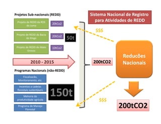 Projeto de REDD da RDS
20tC 2
Projetos Sub‐nacionais (REDD) Sistema Nacional de Registro
para Atividades de REDDProjeto de REDD da RDS 
do Juma
Projeto de REDD da Bacia
do Xingú
20tCo2
20tCo2
50t
$$$
do Xingú
Projeto de REDD do Mato
Grosso
10tCo2
50t
R d õ
2010 ‐ 2015
P N i i ( ã REDD)
Reducões
Nacionais200tCO2
Fiscalizacão, 
Monitoramento, etc.
Programas Nacionais (não‐REDD)
Incentivo a cadeias
florestais sustentáveis
Mehoria da 
produtividade agrícola
150t $$$p g
Programa de Manejo
Florestal
$$$
200tCO2
 