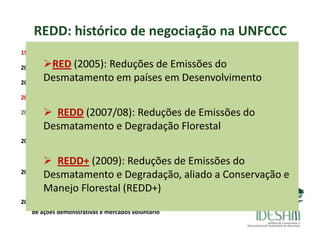 REDD: histórico de negociação na UNFCCC
1997 – COP 03 (Quioto): assinatura do Protocolo de Quioto
2001 – COP 07 (Marrakesh): Acordos de Marrakesh  = “desmatamento evitado” ficou de foraRED (2005): Reduções de Emissões do 
Desmatamento em países em Desenvolvimento2003 – COP 09 (Milão): processo ainda discussão ‐ IPAM, ISA, WHRC
2004 – COP 10 (Buenos Aires): Protocolo de Quioto ratificado!
Desmatamento em países em Desenvolvimento
 /2005 – COP 11 (Montreal): Proposta de PNG e Costa Rica para RED (Brasil apóia...)
2006 – Workshop técnico RED I (Roma):  lista de desafios técnicos e metodológicos
2006 COP 12 (N i óbi) A ã fi i l d b il i d RED
 REDD (2007/08): Reduções de Emissões do 
Desmatamento e Degradação Florestal
2006 – COP 12 (Nairóbi): Apresentação oficial da proposta brasileira de RED
2007 – Workshop técnico RED II (Cairns): desafios superáveis, falta apenas vontade política
2007 COP 13 (B li) M d C i h d B li “ Si l d õ i d ” i d
 REDD+ (2009): Reduções de Emissões do 
l2007 – COP 13 (Bali): Mapa do Caminho de Bali, “ Sinal verde para ações antecipadas”, guia de 
princípios para ações demonstrativas…
2008 COP 14 (Poznan): REDD entra definitivamente na agenda decisão da COP grande atividade
Desmatamento e Degradação, aliado a Conservação e 
Manejo Florestal (REDD+)
2008 – COP 14 (Poznan): REDD entra definitivamente na agenda – decisão da COP, grande atividade
de ações demonstrativas e mercados voluntário
 