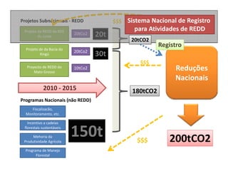 Projeto de REDD da RDS
20tC 2
Projetos Subnacionais ‐ REDD
Mercado Voluntário
$$$
20t
Sistema Nacional de Registro
para Atividades de REDDProjeto de REDD da RDS 
do Juma
Projeto de da Bacia do 
Xingú
20tCo2
20tCo2
30t
20t
20tCO2
Registro
Reduções
Nacionais
Xingú
Proyecto de REDD do 
Mato Grosso
10tCo2
30t
$$$
Nacionais
180tCO22010 ‐ 2015
P N i i ( ã REDD)Programas Nacionais (não REDD)
Fiscalizacão, 
Monitoramento, etc.
Incentivo a cadeias
florestais sustentáveis
Mehoria da 
Produtividade Agrícola $$$
150t 200tCO2g
Programa de Manejo
Florestal
 