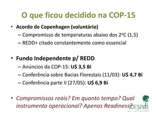 O que ficou decidido na COP‐15
• Acordo de Copenhagen (voluntário)
– Compromisso de temperaturas abaixo dos 2oC (1,5)
– REDD+ citado constantemente como essencial
• Fundo Independente p/ REDD
– Anúncios da COP‐15: U$ 3,5 BiAnúncios da COP 15: U$ 3,5 Bi
– Conferência sobre Bacias Florestais (11/03): U$ 4,7 Bi
– Conferência parte II (27/05): U$ 6 9 BiConferência parte II (27/05): U$ 6,9 Bi
• Compromissos reais? Em quanto tempo? Qual• Compromissos reais? Em quanto tempo? Qual
instrumento operacional? Apenas Readiness?
 