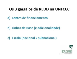 Os 3 gargalos de REDD na UNFCCCg g .
a) Fontes de financiamentoa) Fontes de financiamento
b) Linhas de Base (e adicionalidade)
c) Escala (nacional x subnacional)
 