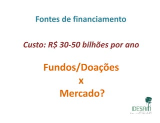 Fontes de financiamento
Custo: R$ 30‐50 bilhões por ano
Fundos/DoaçõesFundos/Doações
x
Mercado?
 