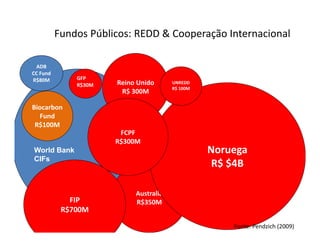 Fundos Públicos: REDD & Cooperação Internacional
GFP
ADB
CC Fund
Biocarbon
Reino Unido
R$ 300M
UNREDD
R$ 100M
GFP
R$30M
R$80M
Biocarbon
Fund
R$100M
FCPF
$
World Bank
CIFs
Noruega
R$ $4B
R$300M
Australia
R$350MFIP R$350MFIP
R$700M
Fonte: Pendzich (2009)
 