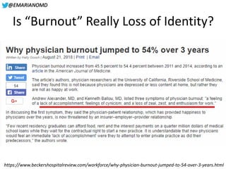 @EMARIANOMD
Is “Burnout” Really Loss of Identity?
https://www.beckershospitalreview.com/workforce/why-physician-burnout-ju...