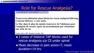 @EMARIANOMD #WAS2020
Role for Rescue Analgesia?
 3 cases of bilateral TAP blocks used for
rescue analgesia s/p CS under s...