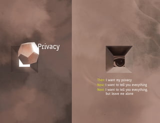 Privacy



          Then: I want my privacy
          Now: I want to tell you everything
          Next: I want to tell you everything,
          	     but leave me alone
 