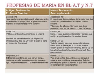 PROFESIAS DE MARIA EN EL A.T y N.T
Antiguo Testamento                                   Nuevo Testamento
Profesias Directas                                   Su complimiento
Génesis 3,15                                         Apocalipsis 12,4
Hare que haya enemistad enter ti y la mujer, entre   El moustro se detuvo delante de la mujer que iba
tu decendiencia y suya, esta te pisara la cabeza     a dar a luz,para devorar a su hijo en cuanto
mientera tu te abalanzas sobre su talon              naciera.
                                                     Y la mujer dio a luz un hijo varon que debe
                                                     governar todas las naciones con vara de hierro.
Isaías 7,14                                          Lucas 1,31
(700 anos antes del nacimiento de la virgen)         Maria… vas a quedar embarazada y daras a Luz
                                                     un hijo al que le pondras de nombre Jesus
El Senor les dara esta senal: La virgen Esta
embarazada y da a luz un varon a quien le pone       Mateo 1, 21-23
el nombre de Emmanuel                                Todo ha pasado para que se cumpliera lo que
                                                     habia dicho el Senor por la boca del profeta:
                                                     Sepan que un a virgen concebiera y dara a luz un
                                                     hijo y los hombres lo llamaran Emmanuel: Dios
                                                     con nosotros
Miqueas 5,2-4                                        Mateo 1, 21-23
Si Dios los abandona, es solo por un tiempo,         Y da a luz un hijo de nombre Jesus porque el
hasta que aquella que debe dar a luz tenga su        salvara a su pueblo de sus pecados. Todo ha
hijo… el guiara el rebano… El mismo sera la Paz      pasado para que se cumpliera lo que habia dicho
                                                     el Senor por la boca del profeta:
 