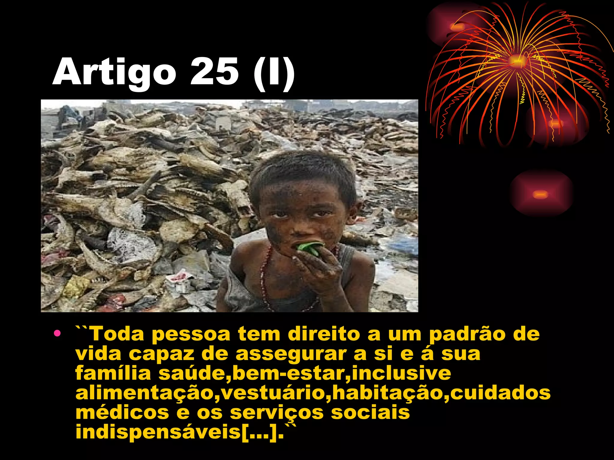 Artigo 25 (I)




• ``Toda pessoa tem direito a um padrão de
  vida capaz de assegurar a si e á sua
  família saúde,bem-estar,inclusive
  alimentação,vestuário,habitação,cuidados
  médicos e os serviços sociais
  indispensáveis[...].``
 