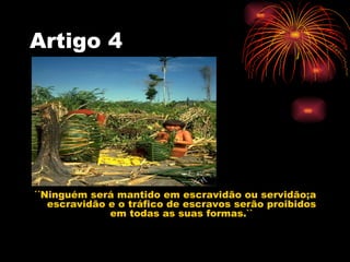 Artigo 4




´´Ninguém será mantido em escravidão ou servidão;a
   escravidão e o tráfico de escravos serão proibidos
    ...