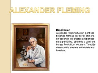 Descripción
Alexander Fleming fue un científico
británico famoso por ser el primero
en observar los efectos antibióticos
de la penicilina, obtenida a partir del
hongo Penicillium notatum. También
descubrió la enzima antimicrobiana
lisozima.
 