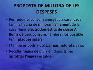 PROPOSTA DE MILLORA DE LES
            DESPESES
• Per reduir el consum energètic a casa, cada
  família hauria de millorar l’aïllament de la
  casa. Tenir electrodomèstics de classe A i
  llums de baix consum. També si fos possible
  tenir plaques solars.
• I també es podria utilitzar gas natural a casa.
• Recollir l’aigua de pluja en dipòsits per
  aprofitar l’aigua i estalviar.
 