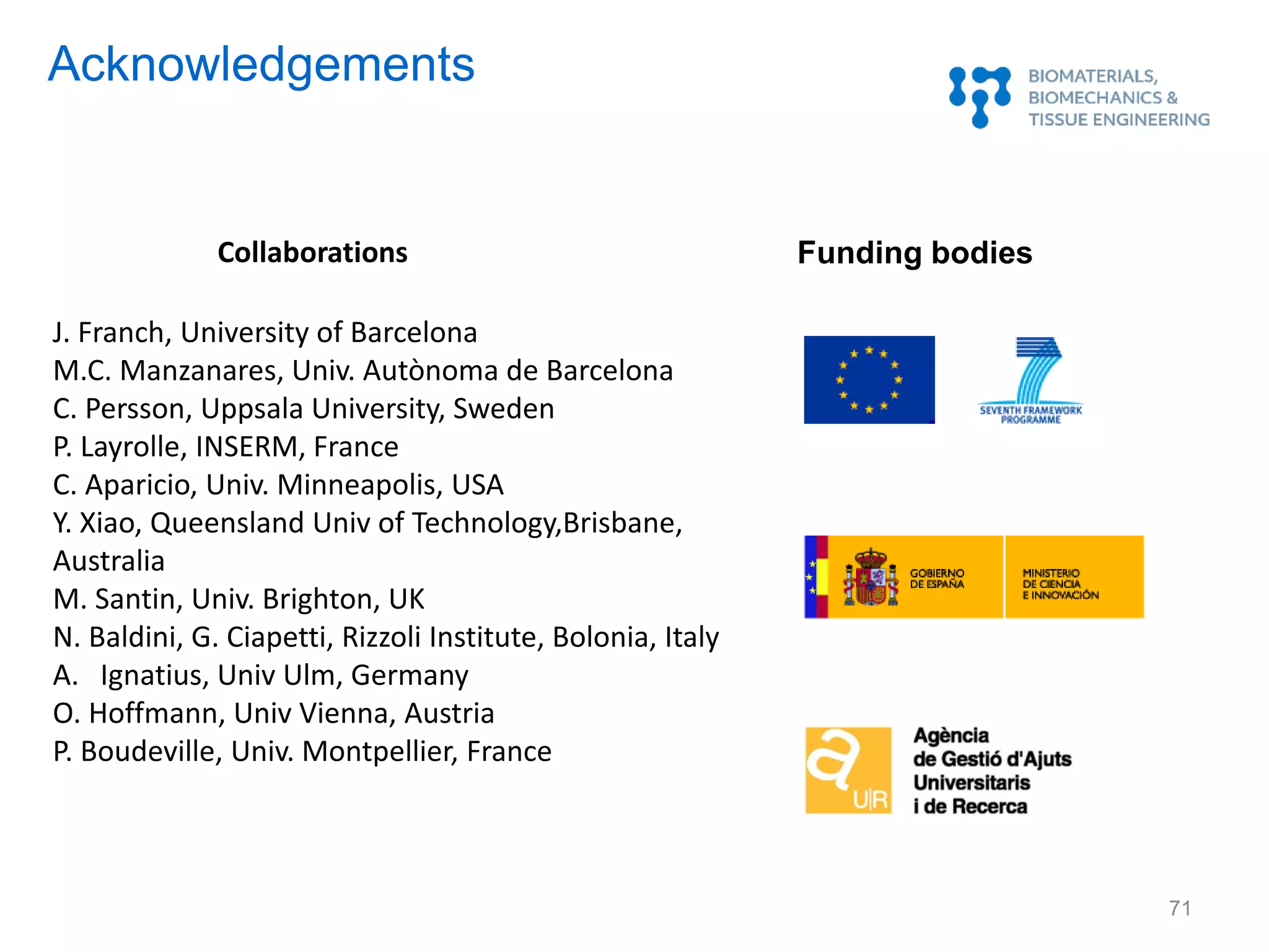 Acknowledgements
Funding bodies
J. Franch, University of Barcelona
M.C. Manzanares, Univ. Autònoma de Barcelona
C. Persson, Uppsala University, Sweden
P. Layrolle, INSERM, France
C. Aparicio, Univ. Minneapolis, USA
Y. Xiao, Queensland Univ of Technology,Brisbane,
Australia
M. Santin, Univ. Brighton, UK
N. Baldini, G. Ciapetti, Rizzoli Institute, Bolonia, Italy
A. Ignatius, Univ Ulm, Germany
O. Hoffmann, Univ Vienna, Austria
P. Boudeville, Univ. Montpellier, France
Collaborations
71
 