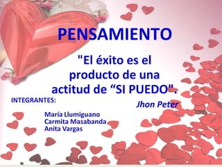 PENSAMIENTO
     "El éxito es el
   producto de una
actitud de “SI PUEDO".
              Jhon Peter
 