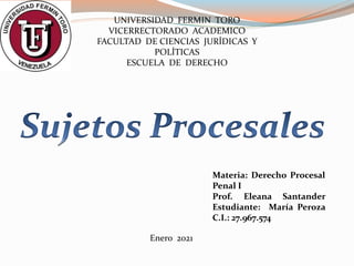 UNIVERSIDAD FERMIN TORO
VICERRECTORADO ACADEMICO
FACULTAD DE CIENCIAS JURÍDICAS Y
POLÍTICAS
ESCUELA DE DERECHO
Materia: Derecho Procesal
Penal I
Prof. Eleana Santander
Estudiante: María Peroza
C.I.: 27.967.574
Enero 2021
 