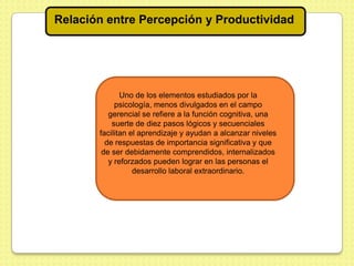 Relación entre Percepción y Productividad




              Uno de los elementos estudiados por la
            psicología, menos divulgados en el campo
          gerencial se refiere a la función cognitiva, una
           suerte de diez pasos lógicos y secuenciales
       facilitan el aprendizaje y ayudan a alcanzar niveles
         de respuestas de importancia significativa y que
        de ser debidamente comprendidos, internalizados
          y reforzados pueden lograr en las personas el
                  desarrollo laboral extraordinario.
 