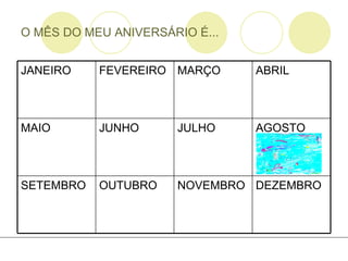 O MÊS DO MEU ANIVERSÁRIO É... DEZEMBRO NOVEMBRO OUTUBRO SETEMBRO AGOSTO JULHO JUNHO MAIO ABRIL MARÇO FEVEREIRO JANEIRO 