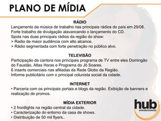 PLANO DE MÍDIA
                                   RÁDIO
Lançamento da música de trabalho nas principais rádios do país em 29/08.
Forte trabalho de divulgação alavancando o lançamento do CD.
Spots nas duas principais rádios da região do show:
> Radio de maior audiência com alto alcance.
> Rádio segmentada com forte penetração no público alvo.

                                 TELEVISÃO
Participação da cantora nos principais programa de TV entre eles Domingão
do Faustão, Altas Horas e Programa do Jô Soares.
6 inserts comerciais nas afiliadas da Rede Globo da Região.
Informe publicitário com o principal colunista social da cidade.

                                 INTERNET
• Parceria com os principais portais e blogs da região. Exibição de banners e
realização de promos.

                                MÍDIA EXTERIOR
• 2 frontlights na região central da cidade.
• Caracterização do entorno da casa de shows.
• Distribuição de 50 mil flyers..
 