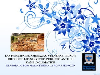 LAS PRINCIPALES AMENAZAS, VULNERABILIDAD Y
RIESGO DE LOS SERVICIOS PÚBLICOS ANTE EL
CAMBIO CLIMÁTICO
ELABORADO POR: MARIA FERNANDA ROJAS PEDROZO
 