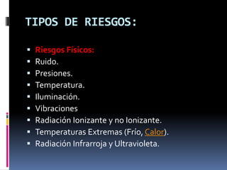 TIPOS DE RIESGOS:
 Riesgos Físicos:
 Ruido.
 Presiones.
 Temperatura.
 Iluminación.
 Vibraciones
 Radiación Ionizante y no Ionizante.
 Temperaturas Extremas (Frío, Calor).
 Radiación Infrarroja y Ultravioleta.
 
