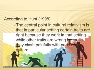 According to Hunt (1998)
The central point in cultural relativism is
that in particular setting certain traits are
right because they work in that setting
while other traits are wrong because
they clash painfully with parts of the
culture.

 