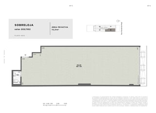a de c o r a ç ã o e o s r e v e s t i me n t o s s ã o i m a ge n s me r a me n t e i l u s t r at i va s . o s m ó v e i s , a s s i m c o m o o s m at e r i a i s
de a c a b a me n t o r ep r e s e n ta d o s n a p l a n ta s ã o de d i me n s õ e s c o me r c i a i s e n ã o fa z em pa r t e d o c o n t r at o de
c o n s t u ç ã o . o i m ó v e l s e r á e n t r eg u e c o m o i n d i c a d o n o mem o r i a l de s c r i t i v o . e s ta é u m a p l a n ta p r o v i s ó r i a s u je i ta
a a lt e r a ç ã o s em av i s o p r é v i o . o p r o je t o p o de r á s o f r e r m o d i f i c a ç õ e s de c o r r e n t e s d a s p o s t u r a s m u n i c i pa i s ,
c o n c e s s i o n á r i a s e d o l o c a l . a p l a n ta a p r e s e n ta l o c a l i z a ç ã o p r e l i m i n a r de p i l a r e s e p r u m a d a s de i n s ta l a ç õ e s .
a s á r e a s p r i vat i va s r ep r e s e n ta m a s á r e a s d o s c o mpa r t i me n t o s s o m a d a s à s á r e a s d a s pa r ede s , p i l a r e s e
p r u m a d a s . a s c o ta s a p r e s e n ta d a s em p l a n ta s ã o de e i x o a e i x o d a s pa r ede s . o s m at e r i a i s a s e r em u t i l i z a d o s
n a c o n s t r u ç ã o e s tã o e s pe c i f i c a d o s n o mem o r i a l de s c r i t i v o . o s m at e r i a i s e a c a b a me n t o s a p r e s e n ta d o s n e s s a
p l a n ta s e r ã o o f e r e c i d o s a o s c l i e n t e s c o m u m c u s t o a d i c i o n a l , d u r a n t e a pe r s o n a l i z a ç ã o de a c a b a me n t o s ..
0.0 0.50 1.00 2.00 3.00
SOBRELOJA
salas 202/302
ÁREA PRIVATIVA
72,21m2
p l a n ta s e c a
5
4
 