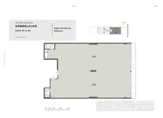 a de c o r a ç ã o e o s r e v e s t i me n t o s s ã o i m a ge n s me r a me n t e i l u s t r at i va s . o s m ó v e i s , a s s i m c o m o o s m at e r i a i s
de a c a b a me n t o r ep r e s e n ta d o s n a p l a n ta s ã o de d i me n s õ e s c o me r c i a i s e n ã o fa z em pa r t e d o c o n t r at o de
c o n s t u ç ã o . o i m ó v e l s e r á e n t r eg u e c o m o i n d i c a d o n o mem o r i a l de s c r i t i v o . e s ta é u m a p l a n ta p r o v i s ó r i a s u je i ta
a a lt e r a ç ã o s em av i s o p r é v i o . o p r o je t o p o de r á s o f r e r m o d i f i c a ç õ e s de c o r r e n t e s d a s p o s t u r a s m u n i c i pa i s ,
c o n c e s s i o n á r i a s e d o l o c a l . a p l a n ta a p r e s e n ta l o c a l i z a ç ã o p r e l i m i n a r de p i l a r e s e p r u m a d a s de i n s ta l a ç õ e s .
a s á r e a s p r i vat i va s r ep r e s e n ta m a s á r e a s d o s c o mpa r t i me n t o s s o m a d a s à s á r e a s d a s pa r ede s , p i l a r e s e
p r u m a d a s . a s c o ta s a p r e s e n ta d a s em p l a n ta s ã o de e i x o a e i x o d a s pa r ede s . o s m at e r i a i s a s e r em u t i l i z a d o s
n a c o n s t r u ç ã o e s tã o e s pe c i f i c a d o s n o mem o r i a l de s c r i t i v o . o s m at e r i a i s e a c a b a me n t o s a p r e s e n ta d o s n e s s a
p l a n ta s e r ã o o f e r e c i d o s a o s c l i e n t e s c o m u m c u s t o a d i c i o n a l , d u r a n t e a pe r s o n a l i z a ç ã o de a c a b a me n t o s ..
0.0 0.50 1.00 2.00 3.00
SOBRELOJAS
salas 01 e 02
ÁREA PRIVATIVA
146,54m2
p l a n ta s e c a
INTERLIGAÇÃO
6
0
 