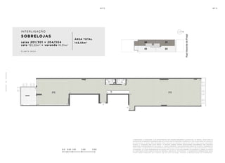a de c o r a ç ã o , o pa i s a g i s m o e o s r e v e s t i me n t o s s ã o i m a ge n s me r a me n t e i l u s t r at i va s . o s m ó v e i s , a s s i m c o m o o s
m at e r i a i s de a c a b a me n t o r ep r e s e n ta d o s n a p l a n ta s ã o de d i me n s õ e s c o me r c i a i s e n ã o fa z em pa r t e d o c o n t r at o
de c o n s t u ç ã o . o i m ó v e l s e r á e n t r eg u e c o m o i n d i c a d o n o mem o r i a l de s c r i t i v o . e s ta é u m a p l a n ta p r o v i s ó r i a
s u je i ta a a lt e r a ç ã o s em av i s o p r é v i o . o p r o je t o p o de r á s o f r e r m o d i f i c a ç õ e s de c o r r e n t e s d a s p o s t u r a s
m u n i c i pa i s , c o n c e s s i o n á r i a s e d o l o c a l . a p l a n ta a p r e s e n ta l o c a l i z a ç ã o p r e l i m i n a r de p i l a r e s e p r u m a d a s de
i n s ta l a ç õ e s . a s á r e a s p r i vat i va s r ep r e s e n ta m a s á r e a s d o s c o mpa r t i me n t o s s o m a d a s à s á r e a s d a s pa r ede s , p i l a r e s
e p r u m a d a s . a s c o ta s a p r e s e n ta d a s em p l a n ta s ã o de e i x o a e i x o d a s pa r ede s . o s m at e r i a i s a s e r em u t i l i z a d o s
n a c o n s t r u ç ã o e s tã o e s pe c i f i c a d o s n o mem o r i a l de s c r i t i v o . o s m at e r i a i s e a c a b a me n t o s a p r e s e n ta d o s n e s s a
p l a n ta s e r ã o o f e r e c i d o s a o s c l i e n t e s c o m u m c u s t o a d i c i o n a l , d u r a n t e a pe r s o n a l i z a ç ã o de a c a b a me n t o s ..
0.0 0.50 1.00 2.00 3.00
SOBRELOJAS
salas 201/301 + 204/304
sala 132,22m2
+ varanda 10,31m2
ÁREA TOTAL
142,53m2
p l a n ta s e c a
INTERLIGAÇÃO
7
4
 