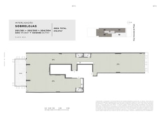 a de c o r a ç ã o , o pa i s a g i s m o e o s r e v e s t i me n t o s s ã o i m a ge n s me r a me n t e i l u s t r at i va s . o s m ó v e i s , a s s i m c o m o o s
m at e r i a i s de a c a b a me n t o r ep r e s e n ta d o s n a p l a n ta s ã o de d i me n s õ e s c o me r c i a i s e n ã o fa z em pa r t e d o c o n t r at o
de c o n s t u ç ã o . o i m ó v e l s e r á e n t r eg u e c o m o i n d i c a d o n o mem o r i a l de s c r i t i v o . e s ta é u m a p l a n ta p r o v i s ó r i a
s u je i ta a a lt e r a ç ã o s em av i s o p r é v i o . o p r o je t o p o de r á s o f r e r m o d i f i c a ç õ e s de c o r r e n t e s d a s p o s t u r a s
m u n i c i pa i s , c o n c e s s i o n á r i a s e d o l o c a l . a p l a n ta a p r e s e n ta l o c a l i z a ç ã o p r e l i m i n a r de p i l a r e s e p r u m a d a s de
i n s ta l a ç õ e s . a s á r e a s p r i vat i va s r ep r e s e n ta m a s á r e a s d o s c o mpa r t i me n t o s s o m a d a s à s á r e a s d a s pa r ede s , p i l a r e s
e p r u m a d a s . a s c o ta s a p r e s e n ta d a s em p l a n ta s ã o de e i x o a e i x o d a s pa r ede s . o s m at e r i a i s a s e r em u t i l i z a d o s
n a c o n s t r u ç ã o e s tã o e s pe c i f i c a d o s n o mem o r i a l de s c r i t i v o . o s m at e r i a i s e a c a b a me n t o s a p r e s e n ta d o s n e s s a
p l a n ta s e r ã o o f e r e c i d o s a o s c l i e n t e s c o m u m c u s t o a d i c i o n a l , d u r a n t e a pe r s o n a l i z a ç ã o de a c a b a me n t o s ..
0.0 0.50 1.00 2.00 3.00
SOBRELOJAS
201/301 + 203/303 + 204/304
sala 197,36m2
+ varanda 20,71m2
ÁREA TOTAL
218,07m2
p l a n ta s e c a
INTERLIGAÇÃO
7
6
 