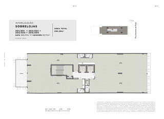 a de c o r a ç ã o , o pa i s a g i s m o e o s r e v e s t i me n t o s s ã o i m a ge n s me r a me n t e i l u s t r at i va s . o s m ó v e i s , a s s i m c o m o o s
m at e r i a i s de a c a b a me n t o r ep r e s e n ta d o s n a p l a n ta s ã o de d i me n s õ e s c o me r c i a i s e n ã o fa z em pa r t e d o c o n t r at o
de c o n s t u ç ã o . o i m ó v e l s e r á e n t r eg u e c o m o i n d i c a d o n o mem o r i a l de s c r i t i v o . e s ta é u m a p l a n ta p r o v i s ó r i a
s u je i ta a a lt e r a ç ã o s em av i s o p r é v i o . o p r o je t o p o de r á s o f r e r m o d i f i c a ç õ e s de c o r r e n t e s d a s p o s t u r a s
m u n i c i pa i s , c o n c e s s i o n á r i a s e d o l o c a l . a p l a n ta a p r e s e n ta l o c a l i z a ç ã o p r e l i m i n a r de p i l a r e s e p r u m a d a s de
i n s ta l a ç õ e s . a s á r e a s p r i vat i va s r ep r e s e n ta m a s á r e a s d o s c o mpa r t i me n t o s s o m a d a s à s á r e a s d a s pa r ede s , p i l a r e s
e p r u m a d a s . a s c o ta s a p r e s e n ta d a s em p l a n ta s ã o de e i x o a e i x o d a s pa r ede s . o s m at e r i a i s a s e r em u t i l i z a d o s
n a c o n s t r u ç ã o e s tã o e s pe c i f i c a d o s n o mem o r i a l de s c r i t i v o . o s m at e r i a i s e a c a b a me n t o s a p r e s e n ta d o s n e s s a
p l a n ta s e r ã o o f e r e c i d o s a o s c l i e n t e s c o m u m c u s t o a d i c i o n a l , d u r a n t e a pe r s o n a l i z a ç ã o de a c a b a me n t o s ..
0.0 0.50 1.00 2.00 3.00
SOBRELOJAS
201/301 + 202/302 +
203/303 + 204/304
sala 269,57m2
+ varanda 20,71m2
ÁREA TOTAL
290,28m2
p l a n ta s e c a
INTERLIGAÇÃO
8
2
 
