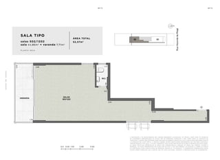 0.0 0.50 1.00 2.00 3.00
SALA TIPO
salas 502/1202
sala 44,86m2
+ varanda 7,71m2
ÁREA TOTAL
52,57m2
p l a n ta s e c a
a de c o r a ç ã o e o s r e v e s t i me n t o s s ã o i m a ge n s me r a me n t e i l u s t r at i va s . o s m ó v e i s , a s s i m c o m o o s m at e r i a i s
de a c a b a me n t o r ep r e s e n ta d o s n a p l a n ta s ã o de d i me n s õ e s c o me r c i a i s e n ã o fa z em pa r t e d o c o n t r at o de
c o n s t u ç ã o . o i m ó v e l s e r á e n t r eg u e c o m o i n d i c a d o n o mem o r i a l de s c r i t i v o . e s ta é u m a p l a n ta p r o v i s ó r i a s u je i ta
a a lt e r a ç ã o s em av i s o p r é v i o . o p r o je t o p o de r á s o f r e r m o d i f i c a ç õ e s de c o r r e n t e s d a s p o s t u r a s m u n i c i pa i s ,
c o n c e s s i o n á r i a s e d o l o c a l . a p l a n ta a p r e s e n ta l o c a l i z a ç ã o p r e l i m i n a r de p i l a r e s e p r u m a d a s de i n s ta l a ç õ e s .
a s á r e a s p r i vat i va s r ep r e s e n ta m a s á r e a s d o s c o mpa r t i me n t o s s o m a d a s à s á r e a s d a s pa r ede s , p i l a r e s e
p r u m a d a s . a s c o ta s a p r e s e n ta d a s em p l a n ta s ã o de e i x o a e i x o d a s pa r ede s . o s m at e r i a i s a s e r em u t i l i z a d o s
n a c o n s t r u ç ã o e s tã o e s pe c i f i c a d o s n o mem o r i a l de s c r i t i v o . o s m at e r i a i s e a c a b a me n t o s a p r e s e n ta d o s n e s s a
p l a n ta s e r ã o o f e r e c i d o s a o s c l i e n t e s c o m u m c u s t o a d i c i o n a l , d u r a n t e a pe r s o n a l i z a ç ã o de a c a b a me n t o s ..
1
0
4
 