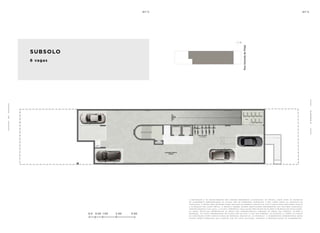 0.0 0.50 1.00 2.00 3.00
O
P
R
O
J
E
T
O
a de c o r a ç ã o e o s r e v e s t i me n t o s s ã o i m a ge n s me r a me n t e i l u s t r at i va s . o s m ó v e i s , a s s i m c o m o o s m at e r i a i s
de a c a b a me n t o r ep r e s e n ta d o s n a p l a n ta s ã o de d i me n s õ e s c o me r c i a i s e n ã o fa z em pa r t e d o c o n t r at o de
c o n s t u ç ã o . o i m ó v e l s e r á e n t r eg u e c o m o i n d i c a d o n o mem o r i a l de s c r i t i v o . e s ta é u m a p l a n ta p r o v i s ó r i a s u je i ta
a a lt e r a ç ã o s em av i s o p r é v i o . o p r o je t o p o de r á s o f r e r m o d i f i c a ç õ e s de c o r r e n t e s d a s p o s t u r a s m u n i c i pa i s ,
c o n c e s s i o n á r i a s e d o l o c a l . a p l a n ta a p r e s e n ta l o c a l i z a ç ã o p r e l i m i n a r de p i l a r e s e p r u m a d a s de i n s ta l a ç õ e s .
a s á r e a s p r i vat i va s r ep r e s e n ta m a s á r e a s d o s c o mpa r t i me n t o s s o m a d a s à s á r e a s d a s pa r ede s , p i l a r e s e
p r u m a d a s . a s c o ta s a p r e s e n ta d a s em p l a n ta s ã o de e i x o a e i x o d a s pa r ede s . o s m at e r i a i s a s e r em u t i l i z a d o s
n a c o n s t r u ç ã o e s tã o e s pe c i f i c a d o s n o mem o r i a l de s c r i t i v o . o s m at e r i a i s e a c a b a me n t o s a p r e s e n ta d o s n e s s a
p l a n ta s e r ã o o f e r e c i d o s a o s c l i e n t e s c o m u m c u s t o a d i c i o n a l , d u r a n t e a pe r s o n a l i z a ç ã o de a c a b a me n t o s ..
SUBSOLO
6 vagas
1
1
0
 