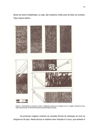 16



fáceis de serem trabalhadas, ou seja, são madeiras moles para se fazer as incisões.
Veja a figura abaixo.




  Figura 2- Exemplifica os diversos cortes e diferentes texturas na madeira ao fio. Imagem extraída do site:
  http://www.bcb.gov.br/htms/seminarios/museu2003/gravuras.pdf.




        As próximas imagens mostram as variadas formas de utilização do buril na
xilogravura de topo. Nesta técnica a madeira mais indicada é o buxo, que também é
 
