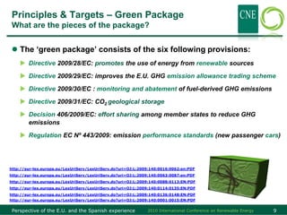 Principles & Targets – Green Package
What are the pieces of the package?


 The ‘green package’ consists of the six following provisions:
     Directive 2009/28/EC: promotes the use of energy from renewable sources

     Directive 2009/29/EC: improves the E.U. GHG emission allowance trading scheme

     Directive 2009/30/EC : monitoring and abatement of fuel-derived GHG emissions

     Directive 2009/31/EC: CO2 geological storage

     Decision 406/2009/EC: effort sharing among member states to reduce GHG
      emissions

     Regulation EC Nº 443/2009: emission performance standards (new passenger cars)




http://eur-lex.europa.eu/LexUriServ/LexUriServ.do?uri=OJ:L:2009:140:0016:0062:en:PDF
http://eur-lex.europa.eu/LexUriServ/LexUriServ.do?uri=OJ:L:2009:140:0063:0087:en:PDF
http://eur-lex.europa.eu/LexUriServ/LexUriServ.do?uri=OJ:L:2009:140:0088:0113:EN:PDF
http://eur-lex.europa.eu/LexUriServ/LexUriServ.do?uri=OJ:L:2009:140:0114:0135:EN:PDF
http://eur-lex.europa.eu/LexUriServ/LexUriServ.do?uri=OJ:L:2009:140:0136:0148:EN:PDF
http://eur-lex.europa.eu/LexUriServ/LexUriServ.do?uri=OJ:L:2009:140:0001:0015:EN:PDF


 Perspective of the E.U. and the Spanish experience           2010 International Conference on Renewable Energy   9
 