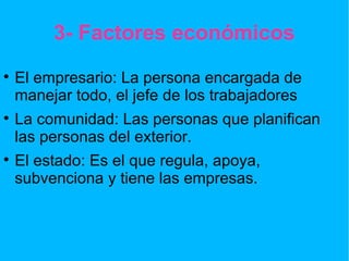 3- Factores económicos El empresario: La persona encargada de manejar todo, el jefe de los trabajadores La comunidad: Las personas que planifican las personas del exterior. El estado: Es el que regula, apoya, subvenciona y tiene las empresas. 