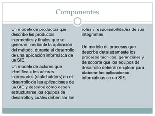 Componentes
Un modelo de productos que
describe los productos
intermedios y finales que se
generan, mediante la aplicación
del método, durante el desarrollo
de una aplicación informática de
un SIE.
Un modelo de actores que
identifica a los actores
interesados (stakeholders) en el
desarrollo de las aplicaciones de
un SIE y describe cómo deben
estructurarse los equipos de
desarrollo y cuáles deben ser los
roles y responsabilidades de sus
integrantes
Un modelo de procesos que
describe detalladamente los
procesos técnicos, gerenciales y
de soporte que los equipos de
desarrollo deberán emplear para
elaborar las aplicaciones
informáticas de un SIE.
 