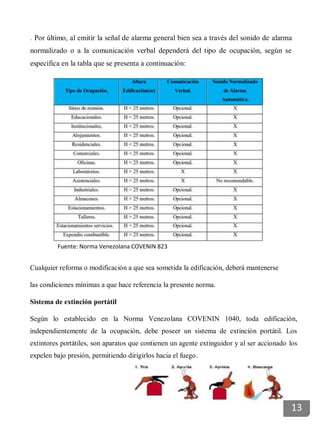 . Por último, al emitir la señal de alarma general bien sea a través del sonido de alarma
normalizado o a la comunicación verbal dependerá del tipo de ocupación, según se
especifica en la tabla que se presenta a continuación:
Fuente: Norma Venezolana COVENIN 823
Cualquier reforma o modificación a que sea sometida la edificación, deberá mantenerse
las condiciones mínimas a que hace referencia la presente norma.
Sistema de extinción portátil
Según lo establecido en la Norma Venezolana COVENIN 1040, toda edificación,
independientemente de la ocupación, debe poseer un sistema de extinción portátil. Los
extintores portátiles, son aparatos que contienen un agente extinguidor y al ser accionado los
expelen bajo presión, permitiendo dirigirlos hacia el fuego.
13
 
