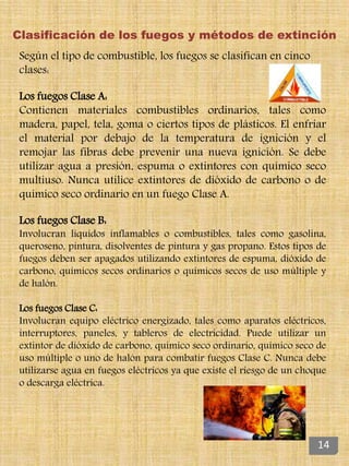 Clasificación de los fuegos y métodos de extinción
Según el tipo de combustible, los fuegos se clasifican en cinco
clases:
Los fuegos Clase A:
Contienen materiales combustibles ordinarios, tales como
madera, papel, tela, goma o ciertos tipos de plásticos. El enfriar
el material por debajo de la temperatura de ignición y el
remojar las fibras debe prevenir una nueva ignición. Se debe
utilizar agua a presión, espuma o extintores con químico seco
multiuso. Nunca utilice extintores de dióxido de carbono o de
químico seco ordinario en un fuego Clase A.
Los fuegos Clase B:
Involucran líquidos inflamables o combustibles, tales como gasolina,
queroseno, pintura, disolventes de pintura y gas propano. Estos tipos de
fuegos deben ser apagados utilizando extintores de espuma, dióxido de
carbono, químicos secos ordinarios o químicos secos de uso múltiple y
de halón.
Los fuegos Clase C:
Involucran equipo eléctrico energizado, tales como aparatos eléctricos,
interruptores, paneles, y tableros de electricidad. Puede utilizar un
extintor de dióxido de carbono, químico seco ordinario, químico seco de
uso múltiple o uno de halón para combatir fuegos Clase C. Nunca debe
utilizarse agua en fuegos eléctricos ya que existe el riesgo de un choque
o descarga eléctrica.
14
 