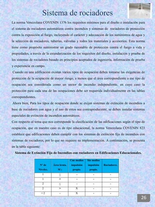 Sistema de rociadores
La norma Venezolana COVENIN 1376 los requisitos mínimos para el diseño e instalación para
el sistema de rociadores automáticos contra incendios y sistemas de rociadores de protección
contra la exposición al fuego, incluyendo el carácter y adecuación de los suministros de agua y
la selección de rociadores, tuberías, válvulas y todos los materiales y accesorios. Esta norma
tiene como propósito suministrar un grado razonable de protección contra el fuego a vida y
propiedades, a través de la estandarización de los requisitos del diseño, instalación y prueba de
los sistemas de rociadores basado en principios aceptados de ingeniería, información de prueba
y experiencia en campo.
Cuando en una edificación existan varios tipos de ocupación deben tomarse las exigencias de
protección de la ocupación de mayor riesgo, a menos que el área correspondiente a ese tipo de
ocupación sea considerada como un sector de incendio independiente, en cuyo caso la
protección para cada una de las ocupaciones debe ser requerida individualmente en las tablas
correspondientes.
Ahora bien, Para los tipos de ocupación donde se exijan sistemas de extinción de incendios a
base de rociadores con agua y el uso de estos sea contraproducente, se deben instalar sistemas
especiales de extinción de incendios automáticos.
Con respecto al tema que nos corresponde la clasificación de las edificaciones según el tipo de
ocupación, que en nuestro caso es de tipo educacional, la norma Venezolana COVENIN 823
establece que edificaciones deben cumplir con los sistemas de extinción fija de incendios con
sistemas de rociadores, por lo que no requiere su implementación. A continuación, se presenta
en la tabla siguiente:
Sistema de Extinción Fijo de Incendios con rociadores en Edificaciones Educacionales.
26
 